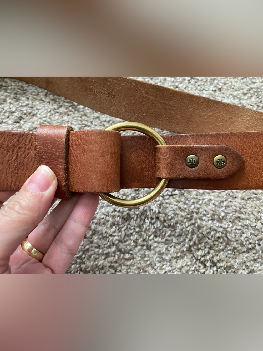 VTG Lauren Ralph Lauren Tan brown leather Ring Belt equestrian Gold Buckle XL - Picture 5 of 9